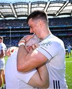 12 July 2025; Kildare GAA chairman Mick Mullen celebrates with Kildare footballer, and Celbridge GAA clubmate Mick O'Grady after victory in the Tailteann Cup final match between Kildare and Limerick at Croke Park in Dublin. Photo by Piaras Ó Mídheach/Sportsfile