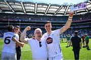 12 July 2025; Kildare GAA chairman Mick Mullen celebrates with Kildare footballer, and Celbridge GAA clubmate Mick O'Grady after victory in the Tailteann Cup final match between Kildare and Limerick at Croke Park in Dublin. Photo by Piaras Ó Mídheach/Sportsfile
