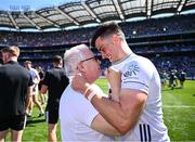 12 July 2025; Kildare GAA chairman Mick Mullen celebrates with Kildare footballer, and Celbridge GAA clubmate Mick O'Grady after victory in the Tailteann Cup final match between Kildare and Limerick at Croke Park in Dublin. Photo by Piaras Ó Mídheach/Sportsfile