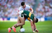 12 July 2025; Joe O'Connor of Kerry in action against Ciaran Daly of Tyrone during the GAA Football All-Ireland Senior Championship semi-final match between Kerry and Tyrone at Croke Park in Dublin. Photo by Seb Daly/Sportsfile