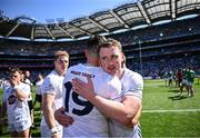 12 July 2025; Kildare footballers James McGrath and Mick O'Grady, 19, celebrate after their victory in the Tailteann Cup final match between Kildare and Limerick at Croke Park in Dublin. Photo by Piaras Ó Mídheach/Sportsfile
