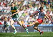 12 July 2025; Darren McCurry of Tyrone takes a shot at goal during the GAA Football All-Ireland Senior Championship semi-final match between Kerry and Tyrone at Croke Park in Dublin. Photo by Seb Daly/Sportsfile