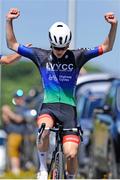 12 July 2025; Nathan Levitt of Lee Valley Youth CC Team winning Stage 5 of 2025 Junior Tour of Ireland from Ennis to Killaloe. Photo by Stephen McMahon/Sportsfile