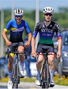12 July 2025; Nathan Levitt of Lee Valley Youth Cycling Team, right, winning Stage 5 of 2025 Junior Tour of Ireland from Ennis to Killaloe. Photo by Stephen McMahon/Sportsfile