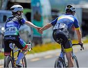 12 July 2025; Winner of the stage Nathan Levitt of Lee Valley Youth CC Team shakes hands with Matthew Walls of Cycling Leinster after Stage 5 of 2025 Junior Tour of Ireland from Ennis to Killaloe. Photo by Stephen McMahon/Sportsfile