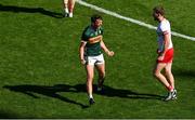 12 July 2025; David Clifford of Kerry celebrates after kicking a two-point score during the GAA Football All-Ireland Senior Championship semi-final match between Kerry and Tyrone at Croke Park in Dublin. Photo by Ramsey Cardy/Sportsfile