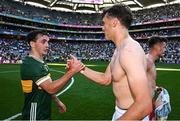 12 July 2025; Darragh Canavan of Tyrone, left, and David Clifford of Kerry after the GAA Football All-Ireland Senior Championship semi-final match between Kerry and Tyrone at Croke Park in Dublin. Photo by Seb Daly/Sportsfile