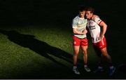 12 July 2025; Ruairí Canavan, left, and Mark Bradley of Tyrone after the GAA Football All-Ireland Senior Championship semi-final match between Kerry and Tyrone at Croke Park in Dublin. Photo by Ramsey Cardy/Sportsfile