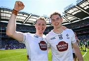 12 July 2025; Kildare players Brian Byrne, left, and Daniel Flynn celebrate after the Tailteann Cup final match between Kildare and Limerick at Croke Park in Dublin. Photo by Seb Daly/Sportsfile