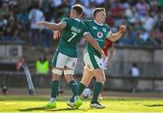 12 July 2025; Tommy O'Brien of Ireland, right, celebrates with Alex Kendellen after scoring their side's third try during the International Rugby Test match between Portugal and Ireland at Estádio Nacional do Jamor in Lisbon, Portugal. Photo by David Fitzgerald/Sportsfile
