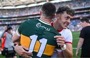 12 July 2025; Kerry players David Clifford and Seán O'Shea, celebrate after their side's victory in the GAA Football All-Ireland Senior Championship semi-final match between Kerry and Tyrone at Croke Park in Dublin. Photo by Piaras Ó Mídheach/Sportsfile