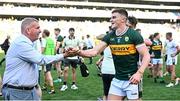 12 July 2025; Seán O'Shea of Kerry shakes hands with Kerry County Board chairman Patrick O'Sullivan after victory in the GAA Football All-Ireland Senior Championship semi-final match between Kerry and Tyrone at Croke Park in Dublin. Photo by Piaras Ó Mídheach/Sportsfile