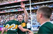 12 July 2025; Tadhg Morley of Kerry, centre, celebrates with team-mates after victory in the GAA Football All-Ireland Senior Championship semi-final match between Kerry and Tyrone at Croke Park in Dublin. Photo by Piaras Ó Mídheach/Sportsfile