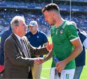 12 July 2025; Businessman JP McManus with Tommie Childs of Limerick after the Tailteann Cup final match between Kildare and Limerick at Croke Park in Dublin. Photo by Ray McManus/Sportsfile