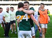 12 July 2025; Seán O'Shea of Kerry celebrates with team-mate Tadhg Morley, 24, after their side's victory in the GAA Football All-Ireland Senior Championship semi-final match between Kerry and Tyrone at Croke Park in Dublin. Photo by Piaras Ó Mídheach/Sportsfile