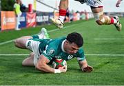 12 July 2025; Calvin Nash of Ireland scores his side's 11th try during the International Rugby Test match between Portugal and Ireland at Estádio Nacional do Jamor in Lisbon, Portugal. Photo by David Fitzgerald/Sportsfile
