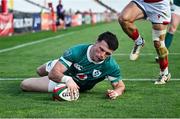 12 July 2025; Calvin Nash of Ireland scores his side's 11th try during the International Rugby Test match between Portugal and Ireland at Estádio Nacional do Jamor in Lisbon, Portugal. Photo by David Fitzgerald/Sportsfile