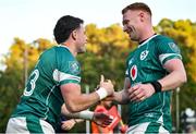 12 July 2025; Calvin Nash of Ireland celebrates with team mate Ciaran Frawley after scoring their side's 11th try during the International Rugby Test match between Portugal and Ireland at Estádio Nacional do Jamor in Lisbon, Portugal. Photo by David Fitzgerald/Sportsfile