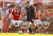 12 July 2025; Hayden Cann of Derry City in action against Jad Hakiki of Sligo Rovers during the SSE Airtricity Men's Premier Division match between Sligo Rovers and Derry City at The Showgrounds in Sligo. Photo by Thomas Flinkow/Sportsfile