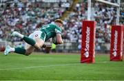 12 July 2025; Ciaran Frawley of Ireland scores his side's 12th try during the International Rugby Test match between Portugal and Ireland at Estádio Nacional do Jamor in Lisbon, Portugal. Photo by David Fitzgerald/Sportsfile