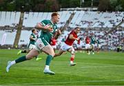 12 July 2025; Ciaran Frawley of Ireland scores his side's 12th try during the International Rugby Test match between Portugal and Ireland at Estádio Nacional do Jamor in Lisbon, Portugal. Photo by David Fitzgerald/Sportsfile