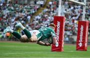 12 July 2025; Ciaran Frawley of Ireland scores his side's 12th try during the International Rugby Test match between Portugal and Ireland at Estádio Nacional do Jamor in Lisbon, Portugal. Photo by David Fitzgerald/Sportsfile