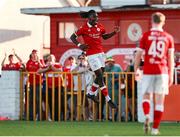 12 July 2025; Wilson Waweru of Sligo Rovers celebrates after scoring his side's second goal during the SSE Airtricity Men's Premier Division match between Sligo Rovers and Derry City at The Showgrounds in Sligo. Photo by Thomas Flinkow/Sportsfile
