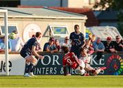 12 July 2025; Wilson Waweru of Sligo Rovers on his way to scoring his side's second goal despite the efforts of Derry City goalkeeper Brian Maher during the SSE Airtricity Men's Premier Division match between Sligo Rovers and Derry City at The Showgrounds in Sligo. Photo by Thomas Flinkow/Sportsfile