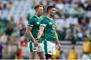 12 July 2025; Jack Crowley, right, and Ciaran Frawley of Ireland during the International Rugby Test match between Portugal and Ireland at Estádio Nacional do Jamor in Lisbon, Portugal. Photo by David Fitzgerald/Sportsfile