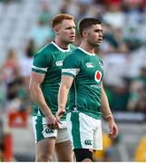 12 July 2025; Jack Crowley, right, and Ciaran Frawley of Ireland during the International Rugby Test match between Portugal and Ireland at Estádio Nacional do Jamor in Lisbon, Portugal. Photo by David Fitzgerald/Sportsfile