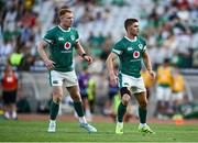 12 July 2025; Jack Crowley, right, and Ciaran Frawley of Ireland during the International Rugby Test match between Portugal and Ireland at Estádio Nacional do Jamor in Lisbon, Portugal. Photo by David Fitzgerald/Sportsfile