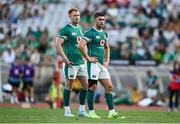 12 July 2025; Jack Crowley, right, and Ciaran Frawley of Ireland during the International Rugby Test match between Portugal and Ireland at Estádio Nacional do Jamor in Lisbon, Portugal. Photo by David Fitzgerald/Sportsfile