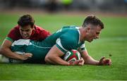 12 July 2025; Cian Prendergast of Ireland scores his side's 10th try during the International Rugby Test match between Portugal and Ireland at Estádio Nacional do Jamor in Lisbon, Portugal. Photo by David Fitzgerald/Sportsfile