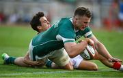12 July 2025; Cian Prendergast of Ireland scores his side's 10th try during the International Rugby Test match between Portugal and Ireland at Estádio Nacional do Jamor in Lisbon, Portugal. Photo by David Fitzgerald/Sportsfile