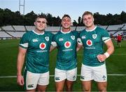 12 July 2025; Ireland debutants, from left, Alex Kendellen, Shayne Bolton and Hugh Gavin after the International Rugby Test match between Portugal and Ireland at Estádio Nacional do Jamor in Lisbon, Portugal. Photo by David Fitzgerald/Sportsfile