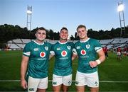 12 July 2025; Ireland debutants, from left, Alex Kendellen, Shayne Bolton and Hugh Gavin after the International Rugby Test match between Portugal and Ireland at Estádio Nacional do Jamor in Lisbon, Portugal. Photo by David Fitzgerald/Sportsfile