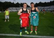 12 July 2025; Craig Casey of Ireland and Hugo Gomes Camacho of Portugal swap jerseys after the International Rugby Test match between Portugal and Ireland at Estádio Nacional do Jamor in Lisbon, Portugal. Photo by David Fitzgerald/Sportsfile