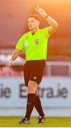 12 July 2025; Referee Rob Hennessy signals the countdown for the goalkeeper's release during the SSE Airtricity Men's Premier Division match between Sligo Rovers and Derry City at The Showgrounds in Sligo. Photo by Thomas Flinkow/Sportsfile