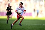 12 July 2025; Zoey Clarke, St. Patrick's National School, Shercock, Cavan, representing Tyrone, during the GAA INTO Cumann na mBunscol Respect Exhibition Go Games match at the GAA Football All-Ireland Senior Championship semi-final match between Kerry and Tyrone at Croke Park in Dublin. Photo by Seb Daly/Sportsfile