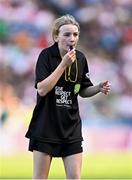 12 July 2025; Referee Orlaith Donohoe, St Mary's Primary School, Maguiresbridge, Fermanagh, during the GAA INTO Cumann na mBunscol Respect Exhibition Go Games match at the GAA Football All-Ireland Senior Championship semi-final match between Kerry and Tyrone at Croke Park in Dublin. Photo by Seb Daly/Sportsfile