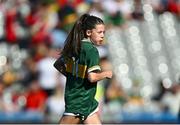 12 July 2025; Ava Deacon, Kildavin National School, Kildavin, Carlow, representing Kerry, during the GAA INTO Cumann na mBunscol Respect Exhibition Go Games match at the GAA Football All-Ireland Senior Championship semi-final match between Kerry and Tyrone at Croke Park in Dublin. Photo by Seb Daly/Sportsfile