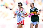 12 July 2025; Sienna Dillane, Blackwater National School, Enniscorthy, Wexford, representing Tyrone, during the GAA INTO Cumann na mBunscol Respect Exhibition Go Games match at the GAA Football All-Ireland Senior Championship semi-final match between Kerry and Tyrone at Croke Park in Dublin. Photo by Seb Daly/Sportsfile