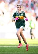 12 July 2025; Ellie McGrath, Scoil Molaise National School, Old Leighlin, Carlow, representing Kerry, during the GAA INTO Cumann na mBunscol Respect Exhibition Go Games match at the GAA Football All-Ireland Senior Championship semi-final match between Kerry and Tyrone at Croke Park in Dublin. Photo by Seb Daly/Sportsfile