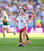 12 July 2025; Zoey Clarke, St. Patrick's National School, Shercock, Cavan, representing Tyrone, during the GAA INTO Cumann na mBunscol Respect Exhibition Go Games match at the GAA Football All-Ireland Senior Championship semi-final match between Kerry and Tyrone at Croke Park in Dublin. Photo by Seb Daly/Sportsfile