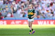 12 July 2025; Matilda O'Donnell, Coolard National School, Listowel, Kerry, during the GAA INTO Cumann na mBunscol Respect Exhibition Go Games match at the GAA Football All-Ireland Senior Championship semi-final match between Kerry and Tyrone at Croke Park in Dublin. Photo by Seb Daly/Sportsfile