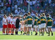 12 July 2025; Players from both sides shake hands before the GAA INTO Cumann na mBunscol Respect Exhibition Go Games match at the GAA Football All-Ireland Senior Championship semi-final match between Kerry and Tyrone at Croke Park in Dublin. Photo by Ray McManus/Sportsfile