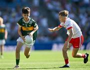 12 July 2025; Patrick Keogh, Milford Grange National School, Castletroy, Limerick, representing Kerry, in action against Tadhg McCormack, St. Conleth's National School, Carbury, Kildare, representing Tyrone, during the GAA INTO Cumann na mBunscol Respect Exhibition Go Games match at the GAA Football All-Ireland Senior Championship semi-final match between Kerry and Tyrone at Croke Park in Dublin. Photo by Ray McManus/Sportsfile