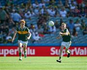12 July 2025; Aaron Brosnan, Holy Cross, Dundrum, Dublin, representing Kerry, and Liam Walsh, Scoil Eoin Baiste, Lios Póil, Chiarraí, left, during the GAA INTO Cumann na mBunscol Respect Exhibition Go Games match at the GAA Football All-Ireland Senior Championship semi-final match between Kerry and Tyrone at Croke Park in Dublin. Photo by Ray McManus/Sportsfile