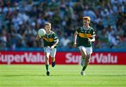 12 July 2025; Aidan Mc Namara, Lissycasey National School, Lissycasey, Clare, representing Kerry, and Liam Walsh, Scoil Eoin Baiste, Lios Póil, Chiarraí, 7, during the GAA INTO Cumann na mBunscol Respect Exhibition Go Games match at the GAA Football All-Ireland Senior Championship semi-final match between Kerry and Tyrone at Croke Park in Dublin. Photo by Ray McManus/Sportsfile