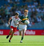 12 July 2025; Liam Walsh, Scoil Eoin Baiste, Lios Póil, Chiarraí, in action against Lucas O Cinsealaigh, Scoil Oilibheir, Cluain Saielach, Átha Cliath, ionadaíocht Tír Eoghain, during the GAA INTO Cumann na mBunscol Respect Exhibition Go Games match at the GAA Football All-Ireland Senior Championship semi-final match between Kerry and Tyrone at Croke Park in Dublin. Photo by Ray McManus/Sportsfile